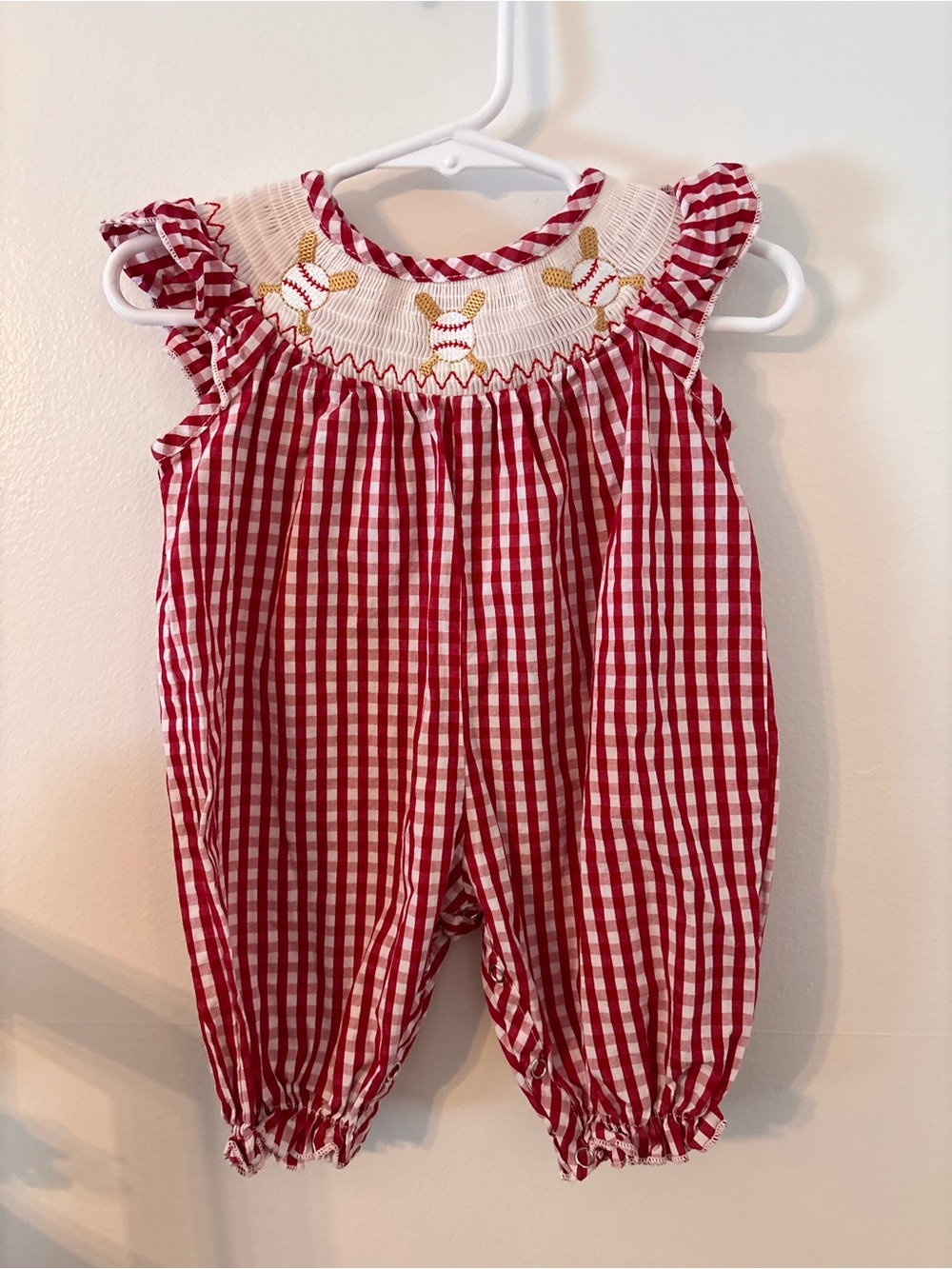 Clover Cottage Girls Red Gingham Smocked Romper  with Baseball Embroidery